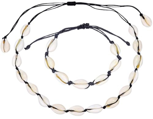 TNSRAY Collana e Bracciali Conchiglie, 2 Pezzi Girocollo con Corda Hawaiana Boho, Regolabile, Adatto per Feste in Spiaggia e a Tema