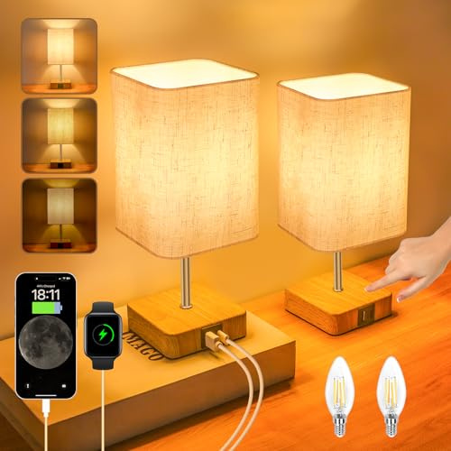 Jayencer Nachttischlampe Touch Dimmbar 2er Set, Tischlampe mit USB A+C Ladeanschlüssen, 3 Helligkeitsstufen, Lampenschirm aus Leinenstoff, Tischleuchte für Schlafzimmer Wohnzimmer Büros