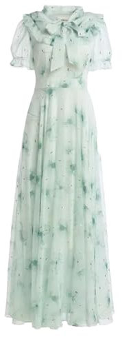 Robe À Fleurs en Mousseline De Soie pour Femmes, Vintage Français, Chic Et Élégante, Manches Courtes, Col en V, Longueur Cheville, Taille Haute 1 XXL