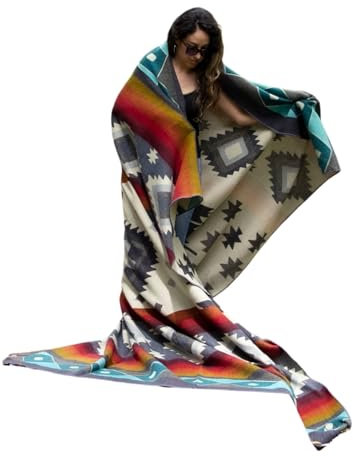 Tommy Lion - Manta de lana de alpaca 228 x 203 cm, hipoalergénica, suave, ligera, tejida a mano. Tonos grises con turqueza.