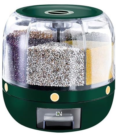 Dispensador de cereales giratorio, contenedor de almacenamiento de cereales con 6 rejillas, caja de almacenamiento rotativa de 360 °, con tapa extraíble, para arroz comida seca de frutas frijoles