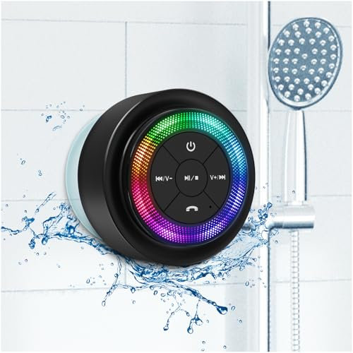 Xleader Altavoz Bluetooth para Ducha con Luz, Impermeable IPX7, Mini Altavoz Bluetooth Potente Pequeño con Ventosa y Microfono, para Baño, Sonido de Cristal y Bajo, Regalo Electrónico Ideal