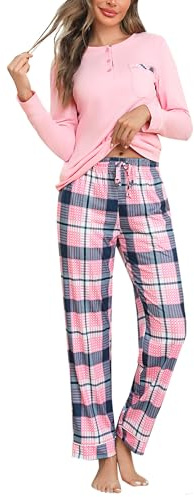 Aseniza Pyjama Femme Hiver Coton Ensembles de Pyjama Femmes Chauds Manches Longues Vêtements de Nuit Pantalon à Carreaux Loungewear 2 Pièces