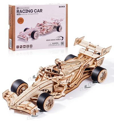 ROKR 3D Puzzle Racing Car Wooden Model Kits for Adults Children, Mechanical Gear Models DIY Gifts for Men Women, Racing Car, LK505