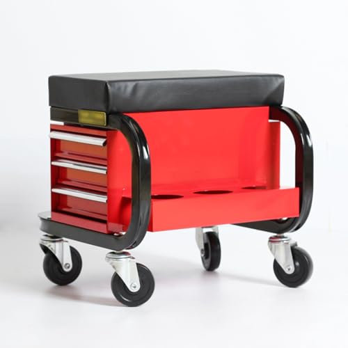 Werkstatthocker mit Rollen, Rollhocker Montagehocker für Werkzeuge mit Gepolstertem Sitz, Werkstattsitz, 200kg Belastbar, Werkstatt Hocker für Autoreparaturen
