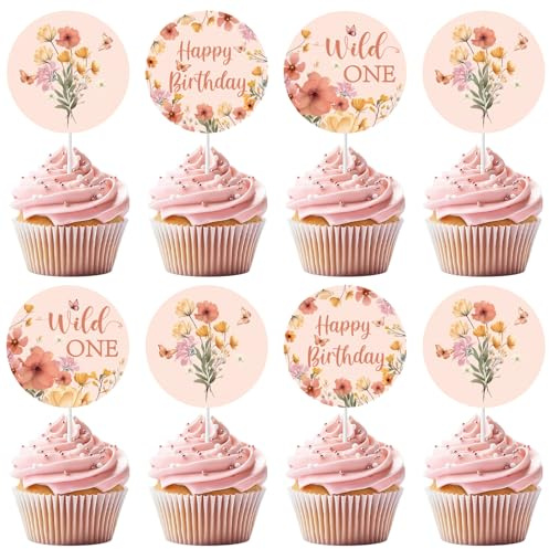 kreat4joy Wild One Birthday Decorations Girl, 36pcs Wildflower First Birthday Decorations Cupcake Toppers for Our Little Wildflower Is Turning One Birthday Decorations