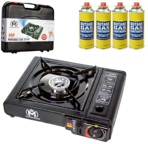 Portable Camping Gas Stove with 4 Butane Gas Canisters & Carry Case – Portable Butane Gas Cooker for Camping, Caravan, Fishing, BBQ & Emergency Cooking – Single Burner Portable Stove