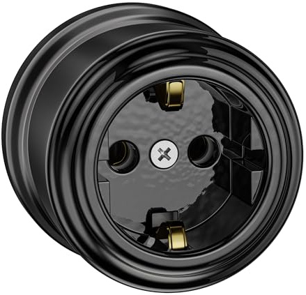 ledscom.de Aufputzsteckdose Porzellan PORS, schwarz glänzend, rund, ⌀ 65 mm