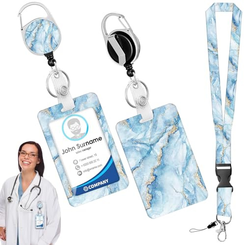 HEOUCH ID Kartenhalter, Ausweishülle mit Band, Ausweishalter Ausziehbar, Schlüsselband Krankenschwester, Abnehmbare Hals Lanyard Strap mit Badge Reel und Vertikale ID-Halter (Blau)