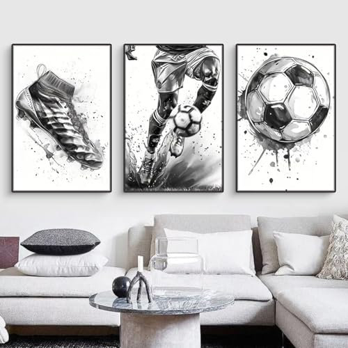 Juego de 3 cuadros de pared en blanco y negro sobre lienzo de fútbol moderno, póster artístico para salón, dormitorio, decoración de pared, sin marco (40 x 50 cm)