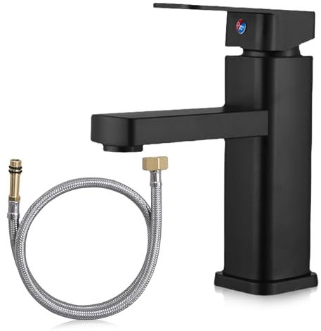 Black Basin Tap, Black Bathroom Taps with Universal Hoses Sink Taps for Bathroom Thickened Hot and Cold Mixer Faucet Stainless Steel Sink Tap