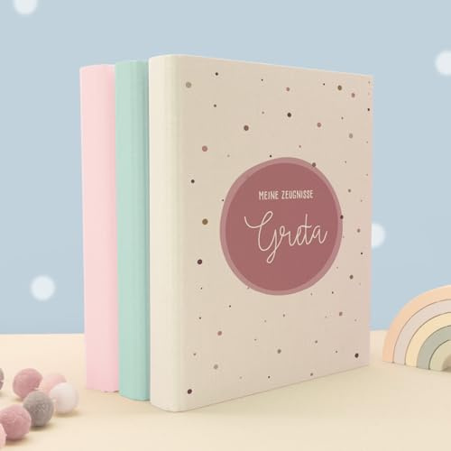 Zeugnismappe A4 personalisiert, Ringordner mit Namen, Leinen-Ordner für Schulzeugnisse, Geschenk Einschulung Mädchen & Jungen, Schulordner (Kreis Rosa, Creme, Standard)