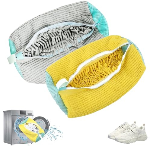 2 Pezzi Sacchetto Scarpe Lavatrice, Sacchetti Scarpe Lavatrice, Sacchetti per Lavare Scarpe in Lavatrice pulizia a 360° Della Lanugine, Sacchetti Lavatrice Scarpe con Cerniera(Grigio/Giallo)