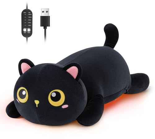 Cat Heating Pad for Period Cramps Menstrual Pain Relief, Portable Electric Heat Pads USB Powered, Cute Black Cat Plush Stuffed Animals Gift, Funny Cats Gifts for Women Teen Girls Birthday Christmas