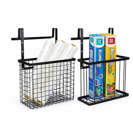 Küchenschrank Organizer für Frischhaltefolie 2er Set, Hängekorb ohne Bohren | Schrank Organizer Küche aus Metall, Höhenverstellbar mit Luftdurchlässiger Struktur für Alufolie und Backpapier, Platzsparend