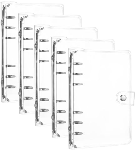 5-pack A6 ringpärm påfyllningsbar, A6 binder ringpärm, transparent PVC-ringmapp, vattentäta lösa binders med tryckknapp för lösblad, journal, kontor, skola, bok