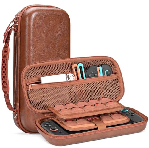 Younik Pochette Switch 2, Coque Rigide et Similicuir PU Étui Switch 2 avec 19 Emplacements pour Cartes de jeu et 2 Emplacements pour Cartes SD, Poche Filet Zippé (Marron)