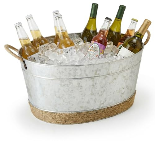 EVOKK 34L Golden Galvanised Stainless Steel Ice Bucket with Hemp Rope Handles – Large DrinksChampagne Cooler Tub for Drinks, Parties, BBQs, Home Bars Outdoor Use