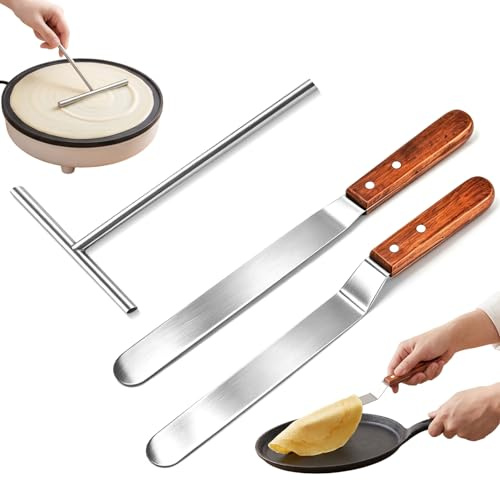 DASHUI Crepes Verteiler Set 3-teilig – 1 Teigverteiler + 2 Spatel aus Edelstahl für Crêpes, Pfannkuchen & Wraps – Küchenhelfer zum Backen und Kochen, robust & langlebig