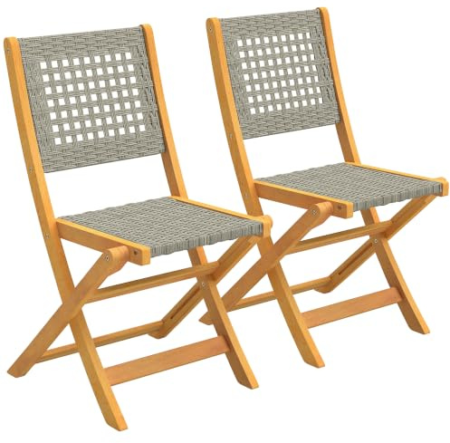 Outsunny Gartenstühle 2 Stück Klappstuhl mit Atmungsaktiv Sitz Grau | Akazienholz, Angenehme Sitzhöhe, Massivholz & Polyrattan, Gartensessel, Balkonstühle, Stuhlset, Garten Balkon Terrasse