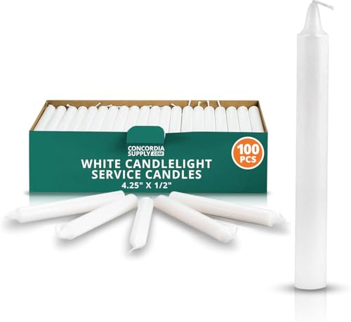Concordia Supply Church Candles for Candle Light Service Vigil - 4.25 x 1/2 Bulk White Candles for Memorial, Congregational, Shabbat, Wedding, Communion, Baptism & Christmas Ceremonies - Box of 100