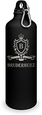 Trinkflasche mit Namen Bruderherz - graviert mit Wappen Monogramm, Aluminiumflasche mit Gravur, Sportflasche - matt schwarz