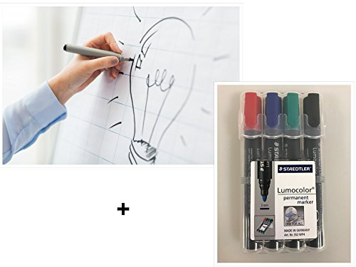 Flipchartblöcke + 4er Set Flipchartmarker, weiß Blanco oder weiß kariert, je Block 20 Blatt 69x99 cm, 6 fach Lochung, perforiert, Papier für Flipchart (5 Blöcke kariert + Markerset 4er)