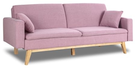 Don Descanso, Sofá Cama 3 plazas Reine, Tapizado en Tela, Sistema Apertura de Libro o Clic-clac, Medida sofá: 206x73x80 cm, Medida Cama: 180x100 cm, Incluye 2 Cojines, Rosa