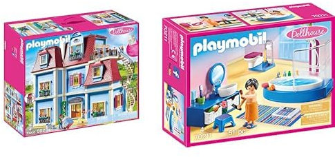 PLAYMOBIL Dollhouse 70205 Mein Großes Puppenhaus, Mit funktionsfähiger Türklingel, Ab 4 Jahren & Dollhouse 70211 Badezimmer, ab 4 Jahren