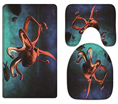 A.Monamour Badezimmer Badematte 3 Teilig Set Unterwasser Oktopus Meereslebewesen Flanell WC Toilette Deckel Deckt Bad Matte Teppich Badteppiche Badvorleger Badgarnitur Vorleger