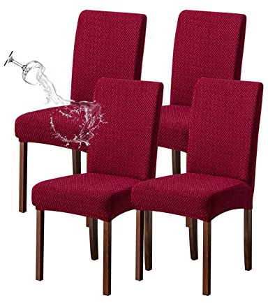 KELUINA Stretch wasserdichte Jacquard mit langem Gitter Esszimmer Stuhlhussen Home Decor, Stuhlhussen für Esszimmerstühle(Weinrot,4 Stück)