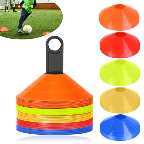 AufuN 50 Stück Markierungshütchen Multi-Sportarten Training Markierungsteller Set für das Hütchen Training im Fussball, Hockey, Handball, Leichtathletik für Koordination und Agilität