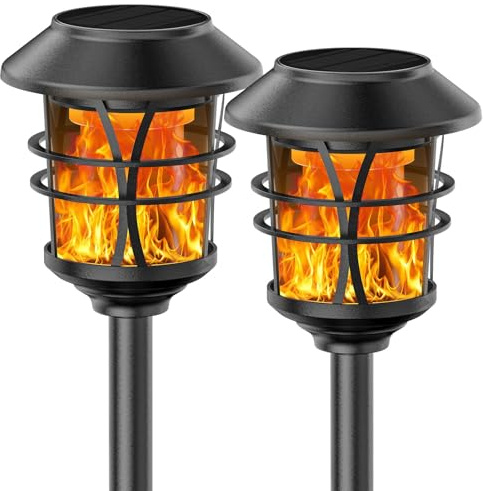 SOLARBABY Solarleuchten für außen Metall Flackernde Flammenleuchten Taschenlampen Lichter Wasserdicht Auto Ein/Aus Solar Wegleuchten für Garten, Terrasse, Hof, Landschaft, 2er Pack