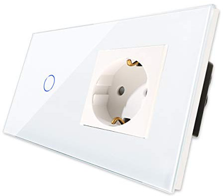 CNBINGO Touch Lichtschalter mit Schuko Steckdose unterputz - Wandschalter einfach in Weiß - Berührungsschalter mit Glasrahmen und Status-LED - 500W/Fach