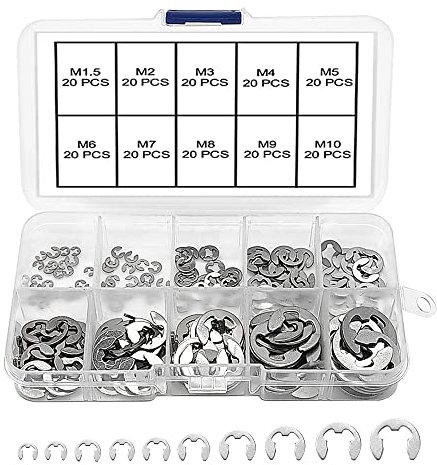 VooGenzek 200 Pezzi Rondelle di Sicurezza per Alberi Set, Kit Anello di Sicurezza con Apertura a Scatto, Anello di Fissaggio a Clip in Acciaio Inox, 10 Taglie M1.5/2/3/4/5/6/7/8/9/10 con Scatola