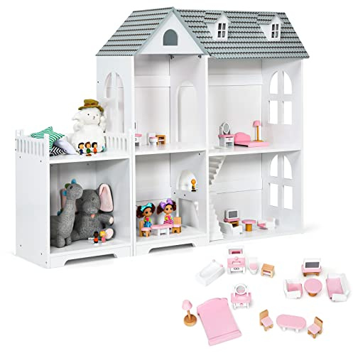 COSTWAY Large Wooden Dolls House, 2 in 1 Kids Bookcase Dollhouse with Furniture and Accessories, 2 Storey Pretend Play Set for Girls Boys (Gray)