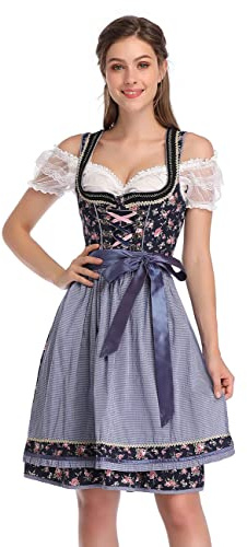 KOJOOIN Women Traditional Dirndl Oktoberfest Costume 3 Pieces Fancy Midi Skirt - Dress, Blouse, Apron