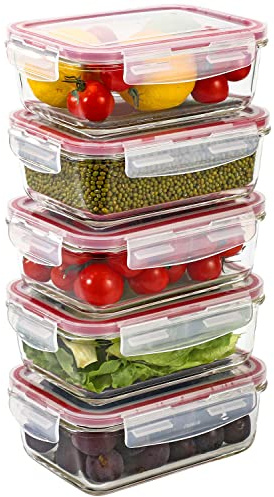 Vinsani Glass Food Storage 5-Pack 840ML Containers Rectangle Food Meal Prep Lunch Boxes with Lids Airtight Heat Resistant Leakproof Lid BPA-Free Dishwasher Microwave Freezer Safe