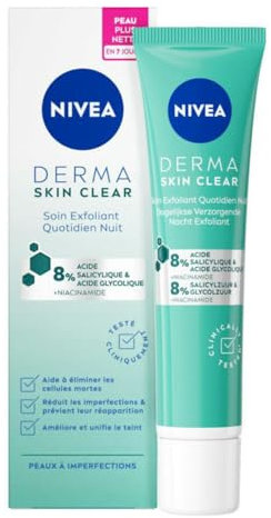 NIVEA Derma Skin Clear Soin Exfoliant Quotidien Nuit (1 x 40 ml), Soin de nuit 8% acides salicylique & glycolique & niacinamide, Crème visage anti points noirs pour peaux à imperfections