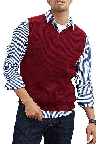 zhilifs Maglia a V-collo lavorato a maglia da uomo Plain senza maniche Pullover Knitwear Loose Fit All Match Tops_Crimson_Small