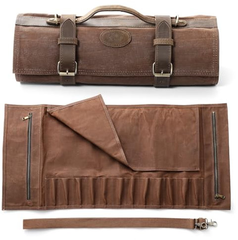XINZUO Messertasche, Profi Kochmesser Koffer, 12 Schlitzen, 16oz gewachstes Segeltuch und Crazy Horse Leder, können Küchenwerkzeuge halten, tragbare Messer-Werkzeugtasche Rolltasche (nur Tasche)
