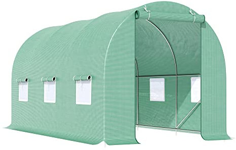 Outsunny 4.5m x 2m Walk-In Polytunnel Greenhouse, with Steel Frame, PE Cover, Roll-Up Door and 6 Windows, Green