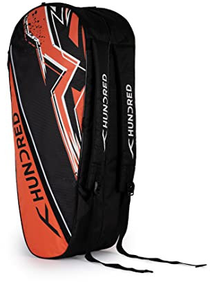 HUNDRED Bolt Double Compartment Badminton Kit Bag (Black, Size: Medium,6 in 1) | Material: Polyester | 2 Compartment with Side Pouch | Easy-Carry Handle | Padded Back Straps | Front Zipper Pocket