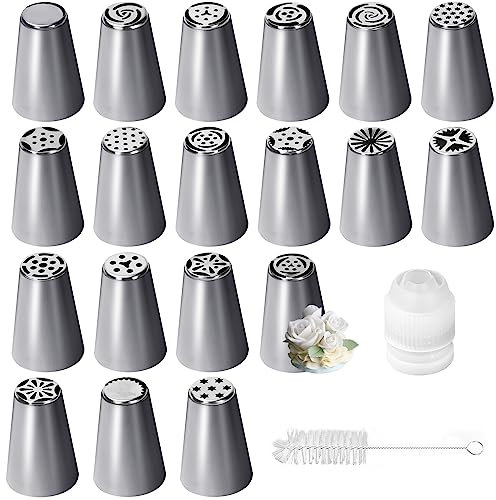19Pcs Russian Piping Tips Set, Grass Icing Nozzles, Cream Piping Nozzles, Stainless Steel Russian Icing Piping Nozzles Tips, Round Piping Nozzle with Coupler for Frosting Cookie Cake Cream Baking