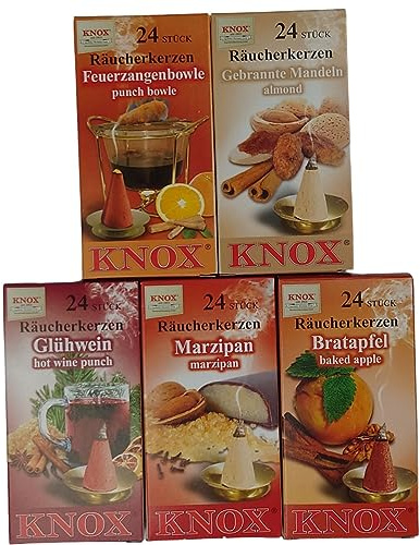 Sparpack Knox Räucherkerzen -5er Set- Feuerzangenbowle+Gebrannte Mandeln+Glühwein+Marzipax+Bratapfel- Größe M -Räucherkegel