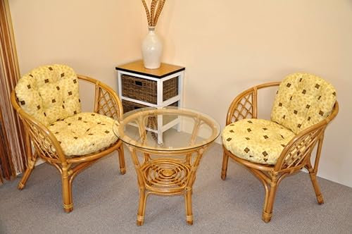 Rattangarnitur, Rattangruppe Bahama, Set 2 Rattansessel + Rattantisch inkl. Polster