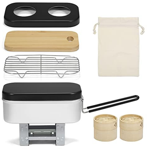 7pcs Camping okware Mess Kit Aluminum Bento Box Food ntainer with Folding Stove Steamer Ra Bamboo Steam Basket Cutting Board with Storage Bag Outdoor oking Set