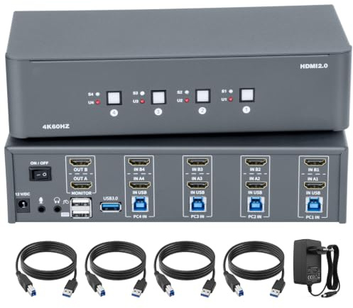 KVM Switch 2 Monitors 4 Computers,HDMI 4k@60Hz KVM Switch with 4 USB 3.0 Port and 3.5mm Audio,4 Computers Share One Set of Leyboard, Mouse and Monitors,Supports Windows/Mac/Linux (HM-KVM4-2)
