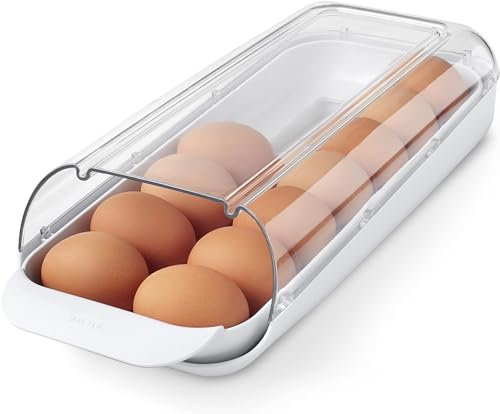 KAHEIGN Soporte para Huevos con Ruedas para Nevera, Apilable Plástico Transparente Balanceo Automático Huevos Almacenamiento Contenedor con Bandeja Extraíble para Refrigerador Cocina Encimera