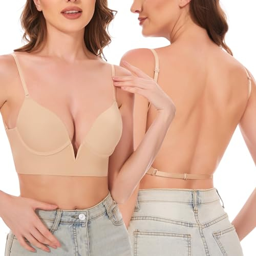 Zekeylin Soutien-Gorge Dos Nu pour Femmes - Invisible, sans Coutures légèrement doublé, Dos Ouvert à découpe Basse, Convertible en Soutien-Gorge Deep-V Multiway Halter (Nude, XL)